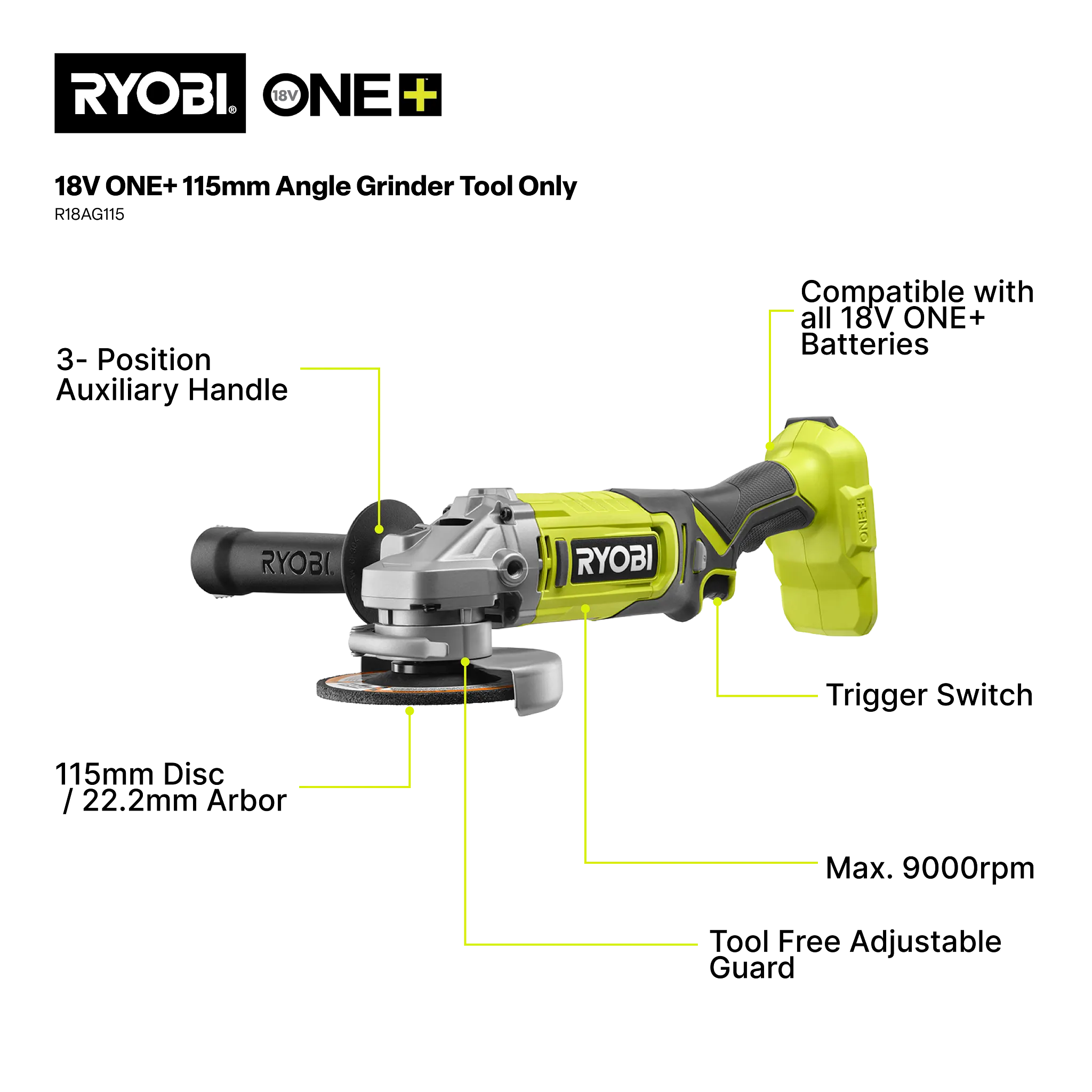 18V ONE+ 115mm Angle Grinder Tool Only 3 18V ONE+ 115mm Angle Grinder Tool Only