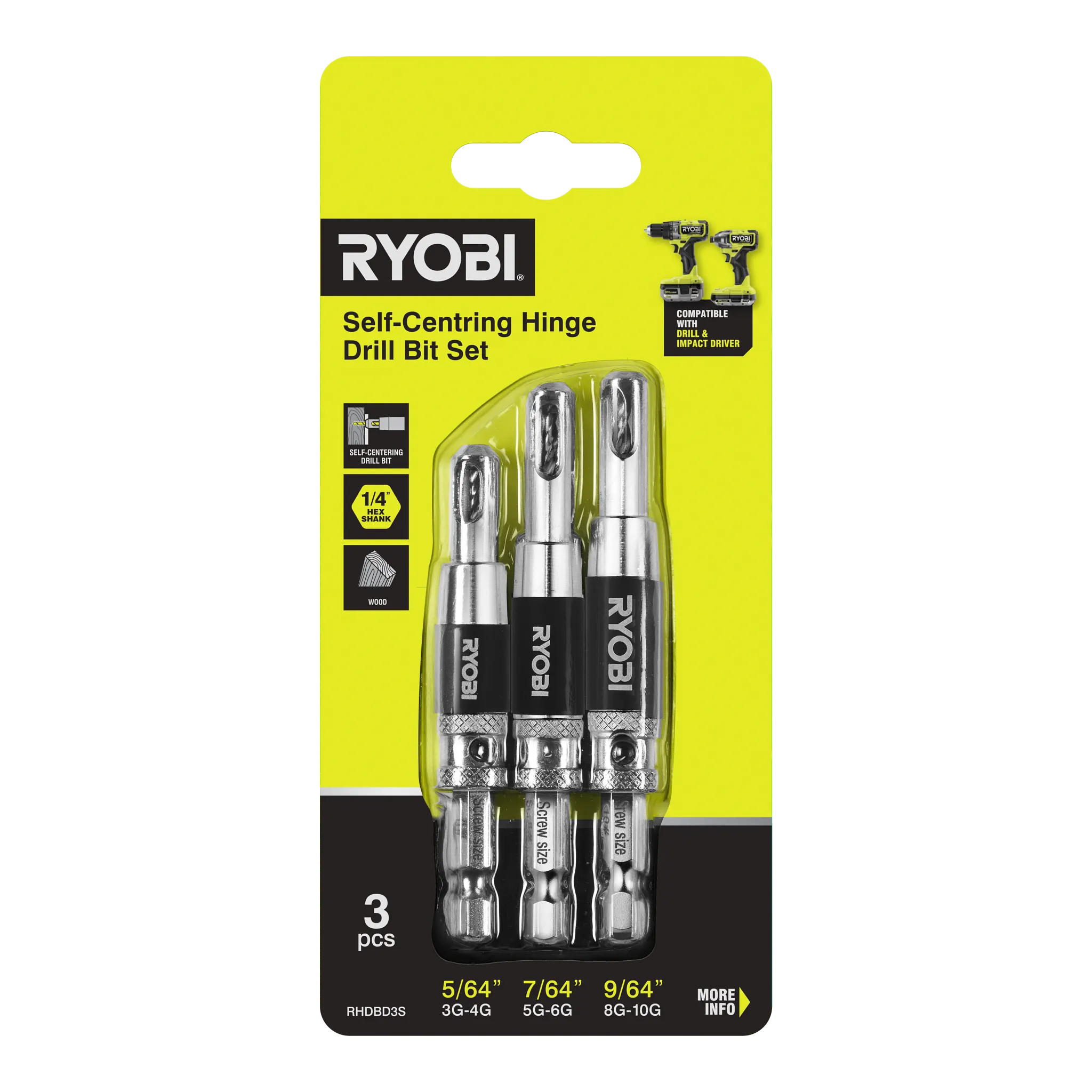 RYOBI 3-Piece Door Hinge Drill Bit Set