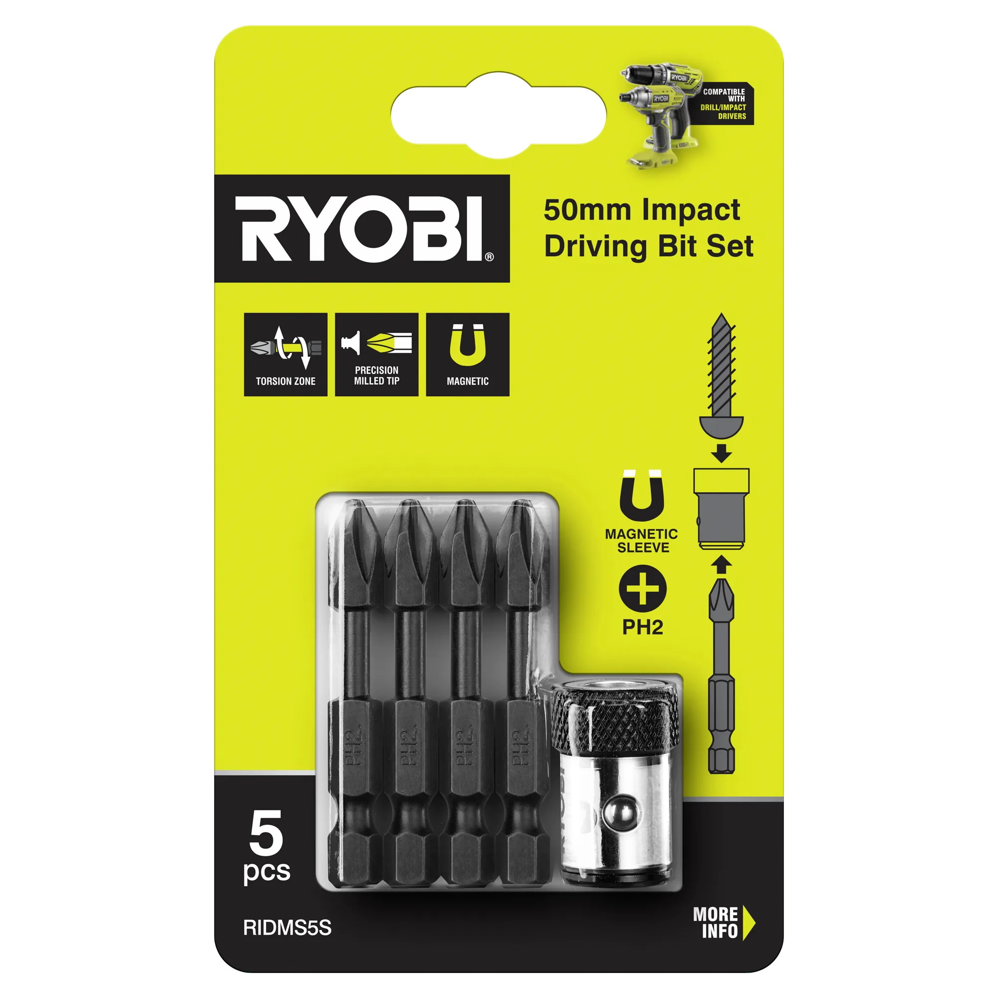 5-Piece 50mm Impact Driving Bit Set With Magnetic Sleeve