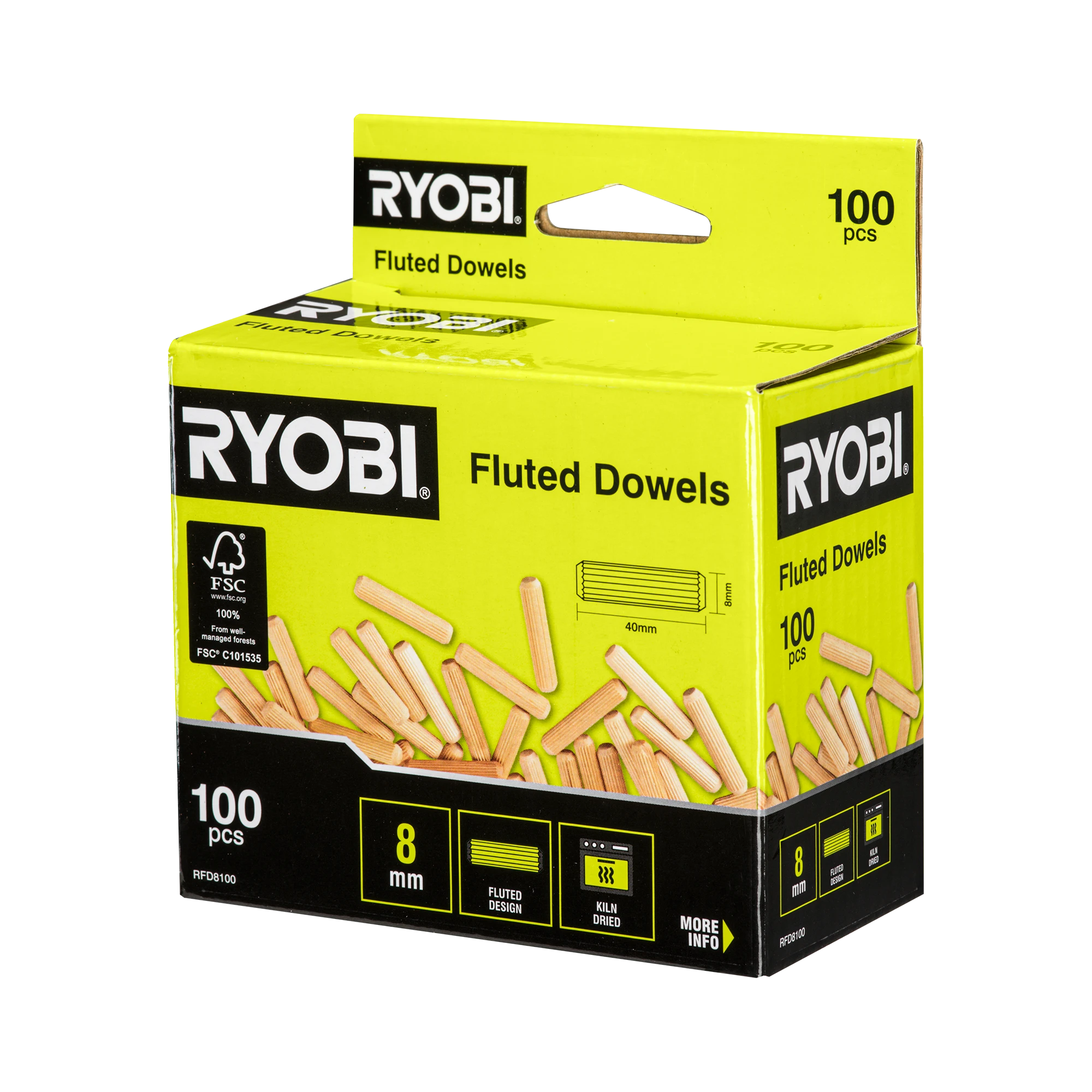 Fluted Dowel 8mm 100pk
